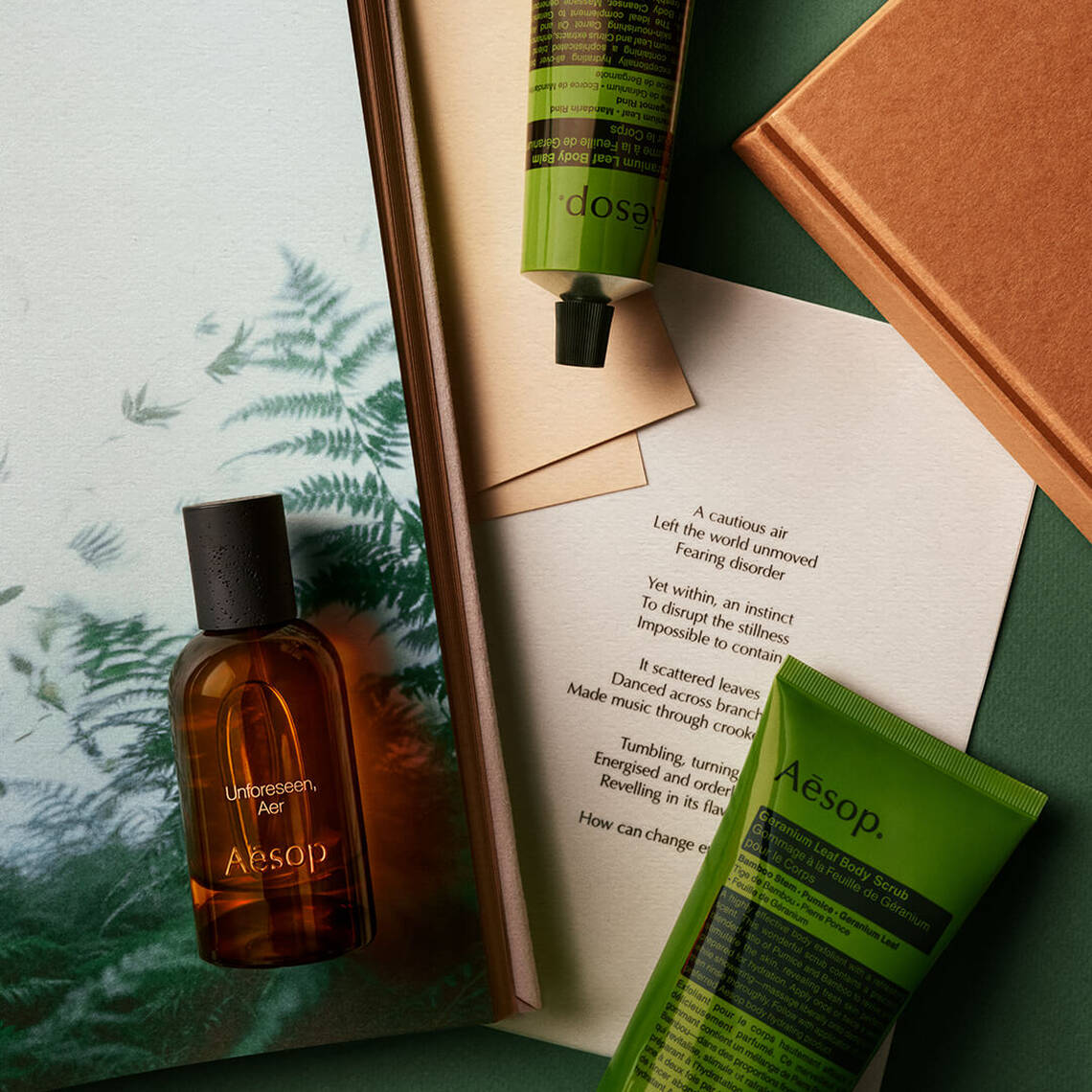 Aesop Unforeseen, Aer fragrance bottle, cosmetic tube and container arranged on a surface with fern imagery.