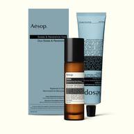 A pump bottle of Solais Replenishing Hand Serum and a tube of Reverence Aromatique Hand Balm together in a carboard box